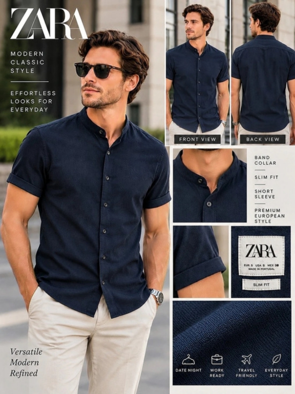 Zara Men’s Small Slim Fit Navy Short Sleeve Button Up Shirt Portugal